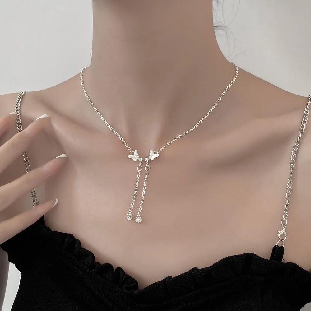 Rrdaily Crystal Double Butterfly Pendant Statement Necklace for Women Teen Girls,14K Gold Cubic Zirconia Long Chains Necklace Party Prom Trendy Jewelry Gifts