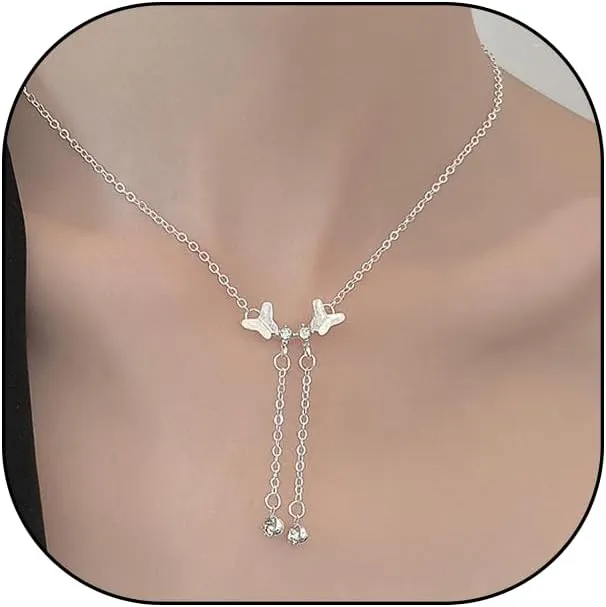 Rrdaily Crystal Double Butterfly Pendant Statement Necklace for Women Teen Girls,14K Gold Cubic Zirconia Long Chains Necklace Party Prom Trendy Jewelry Gifts
