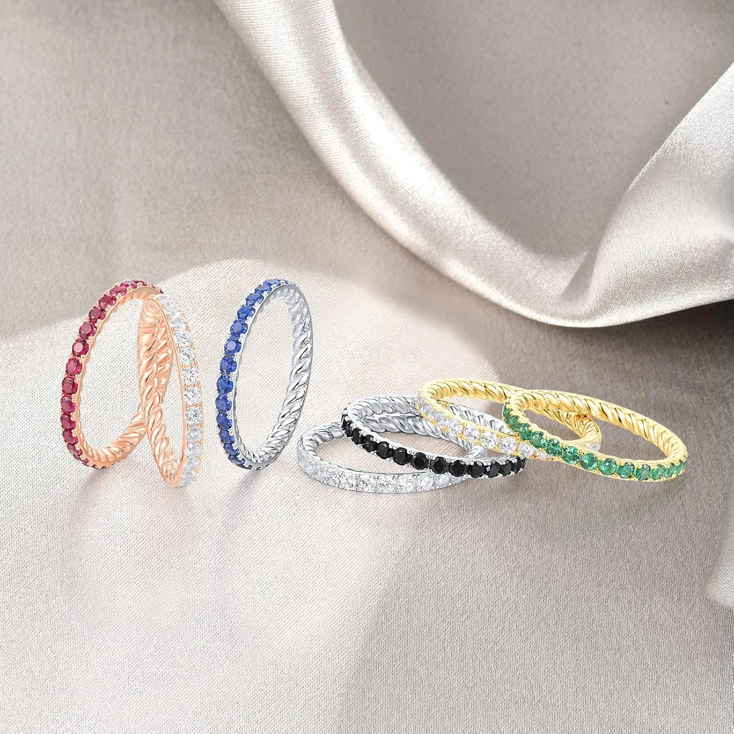 Santuzza 925 Sterling Silver Gemstone Stackable Ring Engagement Wedding Eternity Stacking Ring for Women