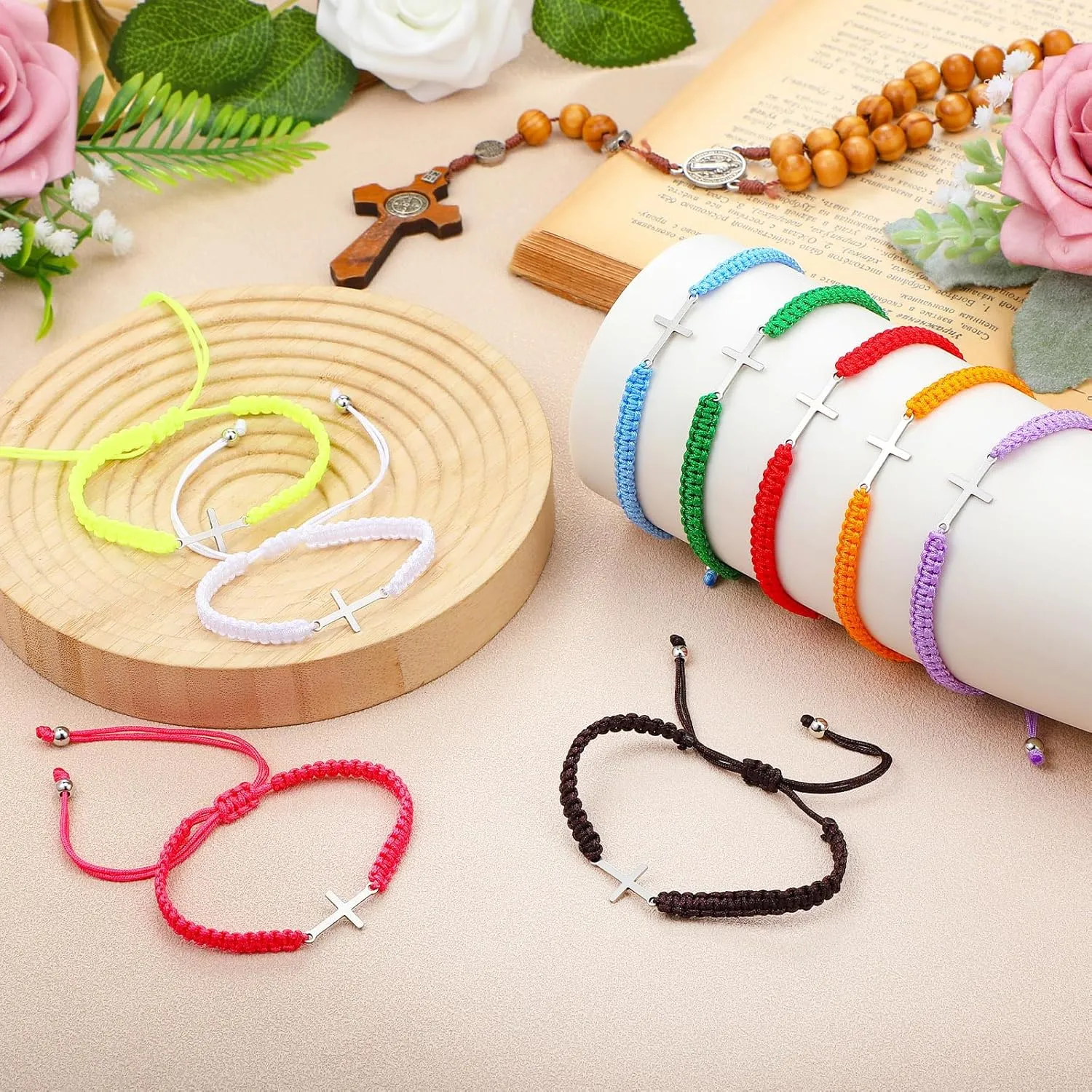 Sasylvia 100 Pcs Cross Bracelets Bulk Adjustable Christian Braided String Bracelets for Easter Graduation, Christian gift for Men, Women, Baptism, Church, Funerals, Friendship