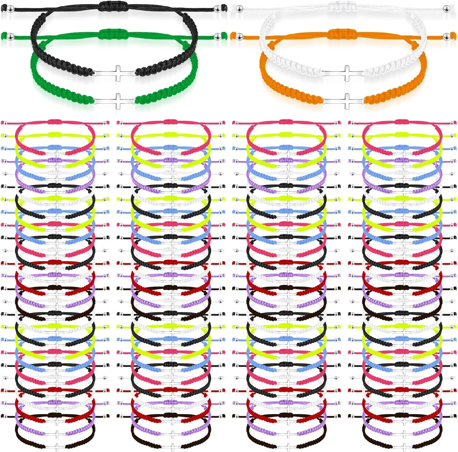 Sasylvia 100 Pcs Cross Bracelets Bulk Adjustable Christian Braided String Bracelets for Easter Graduation, Christian gift for Men, Women, Baptism, Church, Funerals, Friendship
