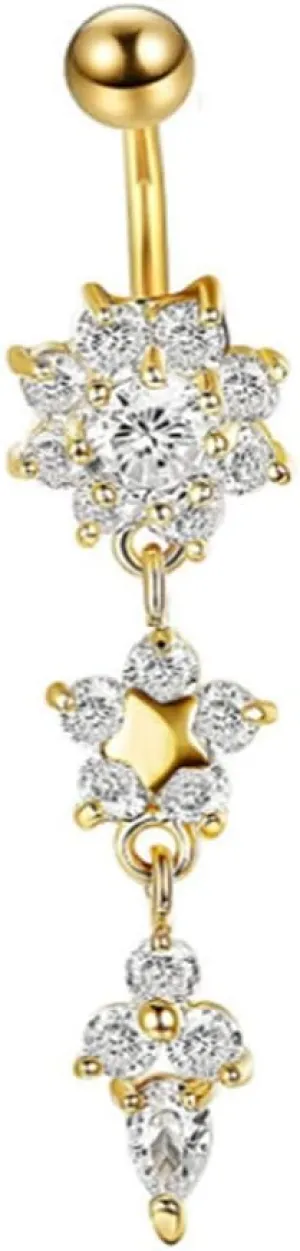 SEniutarm Stainless Steel Belly Button Ring Rhinestone Flower Navel Ring Piercing Jewelry Golden   White
