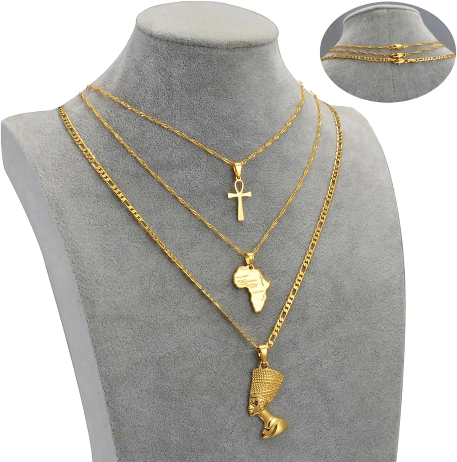 Set Necklace Together Ankh Africa Map Nefertiti Necklace for Women and Men, 3pcs Nefertiti Pharaoh Pendant Jewelry Queen Nefertiti Jewelry Egyptian Pendant Necklaces Gold Color