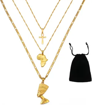 Set Necklace Together Ankh Africa Map Nefertiti Necklace for Women and Men, 3pcs Nefertiti Pharaoh Pendant Jewelry Queen Nefertiti Jewelry Egyptian Pendant Necklaces Gold Color