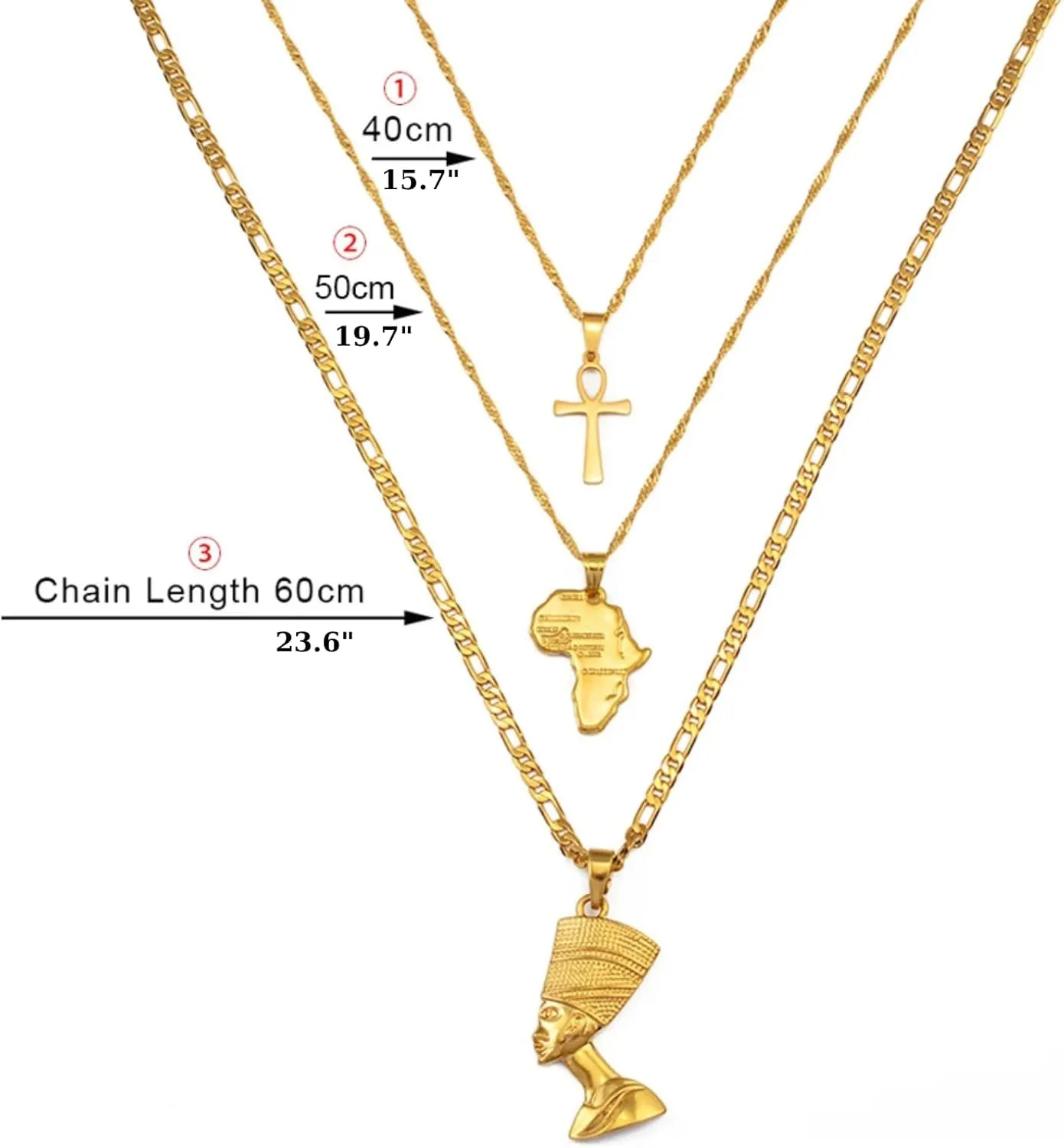Set Necklace Together Ankh Africa Map Nefertiti Necklace for Women and Men, 3pcs Nefertiti Pharaoh Pendant Jewelry Queen Nefertiti Jewelry Egyptian Pendant Necklaces Gold Color