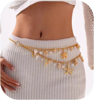 Sexy Bikini Starfish Pearl Pendant Waist Chain Jewelry,Gold Conch Shell Tassel Belly Body Chains,Summer Beach Bead Waist Belly Chain for Women