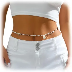 Sexy Simple Pearl Waist Chain Belt Summer Beach Beaded Belly Body Chain Jewelry Festival Rave Pearl Belly Belt Bikini Heart Pendant Body Accessory Jewelry for Women