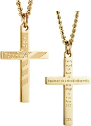 Shields of Strength Women's Flag Cross Necklace Stainless Steel Gold Plated Unique American Pride Christian Values Striking Christian Jewelry Proverbs 30:5