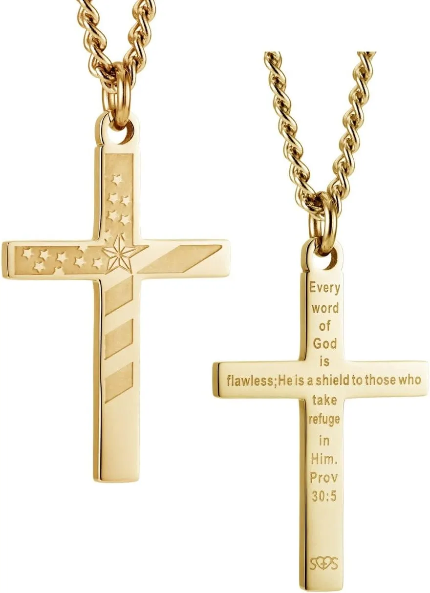 Shields of Strength Women's Flag Cross Necklace Stainless Steel Gold Plated Unique American Pride Christian Values Striking Christian Jewelry Proverbs 30:5