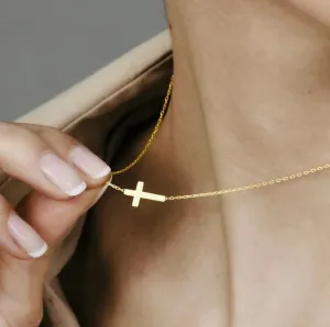 Sideways Cross Necklace Choker, Gold Plated Chain, Religious Faith Jewelry