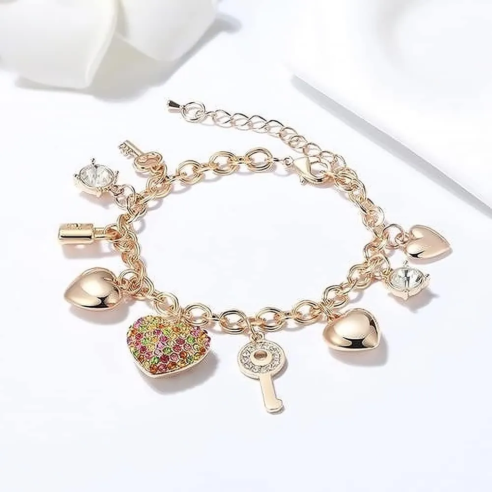 SILANER Gold Chain Link Bracelet - 7"  2" Extender 14K Gold Plated Love Locked Bracelets for Women, with Crystal, Love Heart,Key, Lock, Charm Bracelet