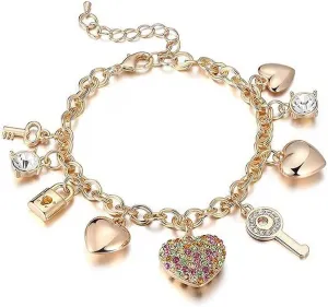 SILANER Gold Chain Link Bracelet - 7"  2" Extender 14K Gold Plated Love Locked Bracelets for Women, with Crystal, Love Heart,Key, Lock, Charm Bracelet