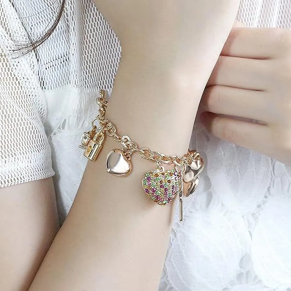 SILANER Gold Chain Link Bracelet - 7"  2" Extender 14K Gold Plated Love Locked Bracelets for Women, with Crystal, Love Heart,Key, Lock, Charm Bracelet