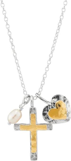Silpada 'Powerful Duo' Sterling Silver with 14K Yellow Gold Plating Freshwater Pearl Cross Pendant Necklace, 18"   2"