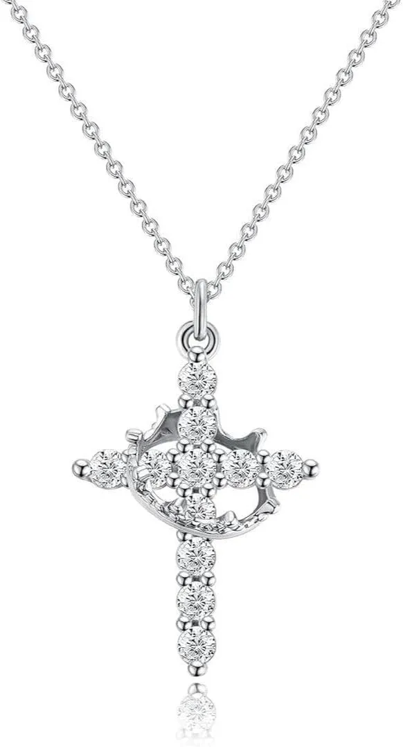 Silver Cross Necklace with Crown Charm for Women Trendy Dainty 18K Gold Plated Gothic Faith Diamond Cross Pendant Necklaces Non Tarnish Religious Jewelry Gift