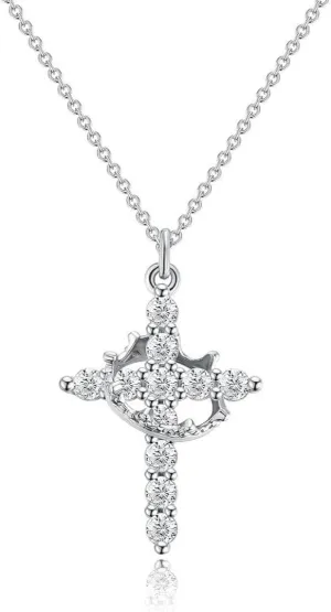 Silver Cross Necklace with Crown Charm for Women Trendy Dainty 18K Gold Plated Gothic Faith Diamond Cross Pendant Necklaces Non Tarnish Religious Jewelry Gift