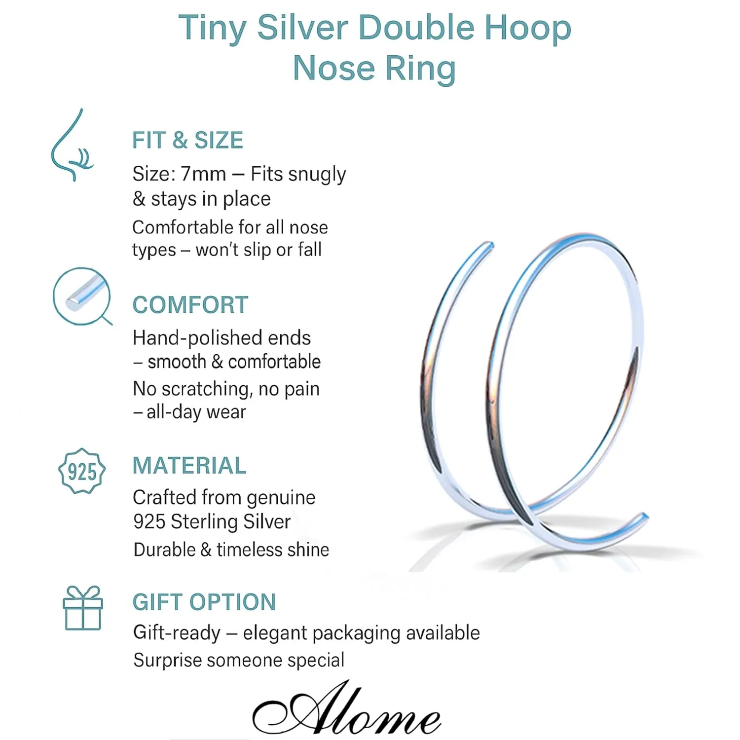 Silver Double Hoop Nose Ring - Thin Tiny 20 Gauge 7mm Spiral Double Nose Hoop - Handmade 925 Sterling Silver Spiral Nose Piercing Jewelry For Women - Gift Ready