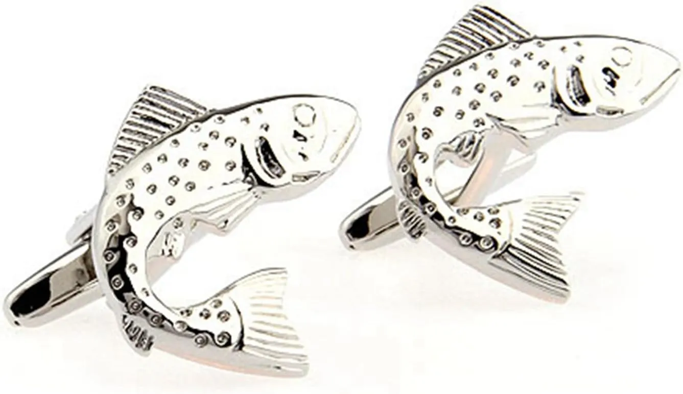 Silver Fish Fishing Cufflinks  Stylish Design for Anglers, Suitable for Formal and Casual Attire