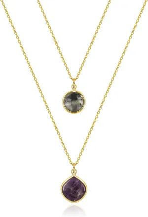 Silver Layered Natural Stone Necklace: Gold Plated Square Purple Round Black Healing Crystal Pendant Thin Double Chain Choker - Simple Dainty Fashion Jewelry Gifts for Women(Gold)