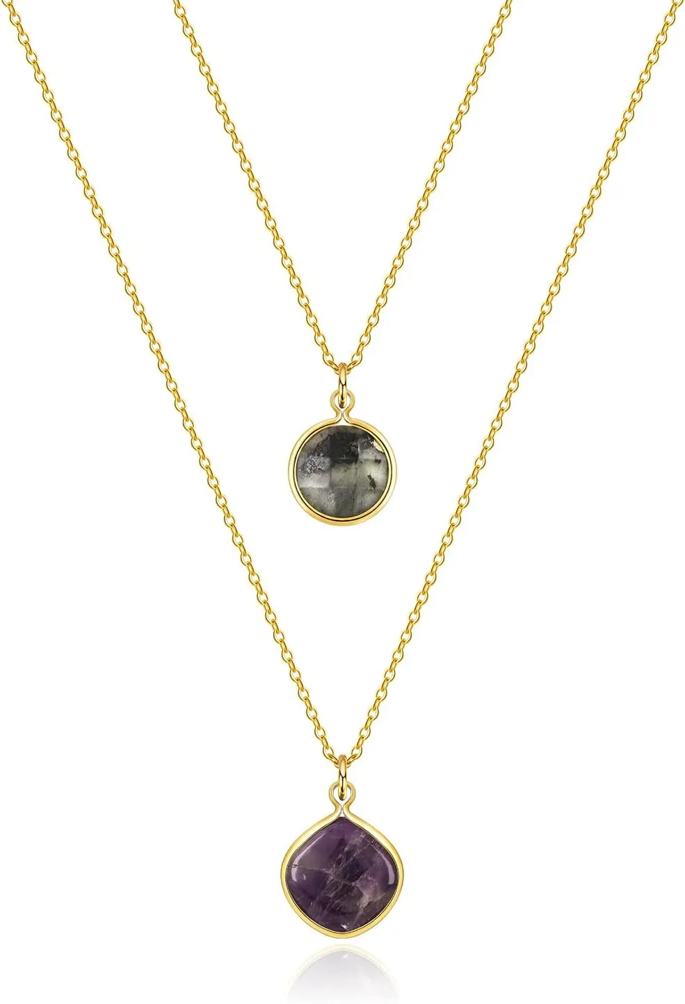 Silver Layered Natural Stone Necklace: Gold Plated Square Purple Round Black Healing Crystal Pendant Thin Double Chain Choker - Simple Dainty Fashion Jewelry Gifts for Women(Gold)