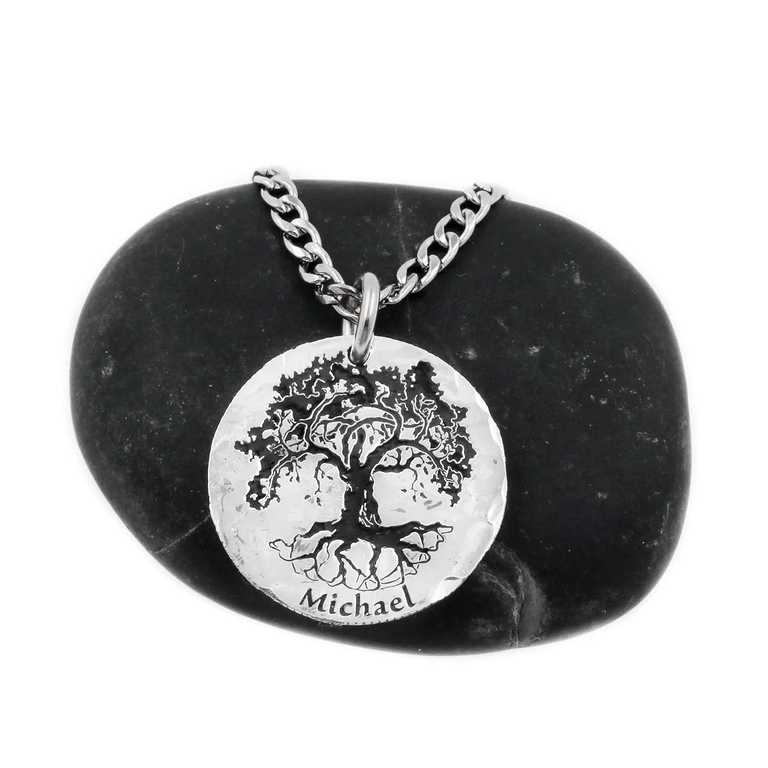 Silver Oak Tree Necklace with Custom Name Engraved, Tree Jewelry, Hammered and Engraved Silver Coin, By NameCoins