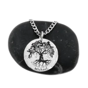 Silver Oak Tree Necklace with Custom Name Engraved, Tree Jewelry, Hammered and Engraved Silver Coin, By NameCoins