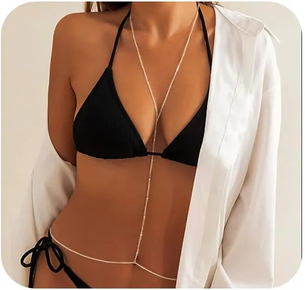 Silver Sexy Body Chain Crossover Thin Bra Bikini Waist Belly Body Chains Beach Body Necklace Jewelry for Women