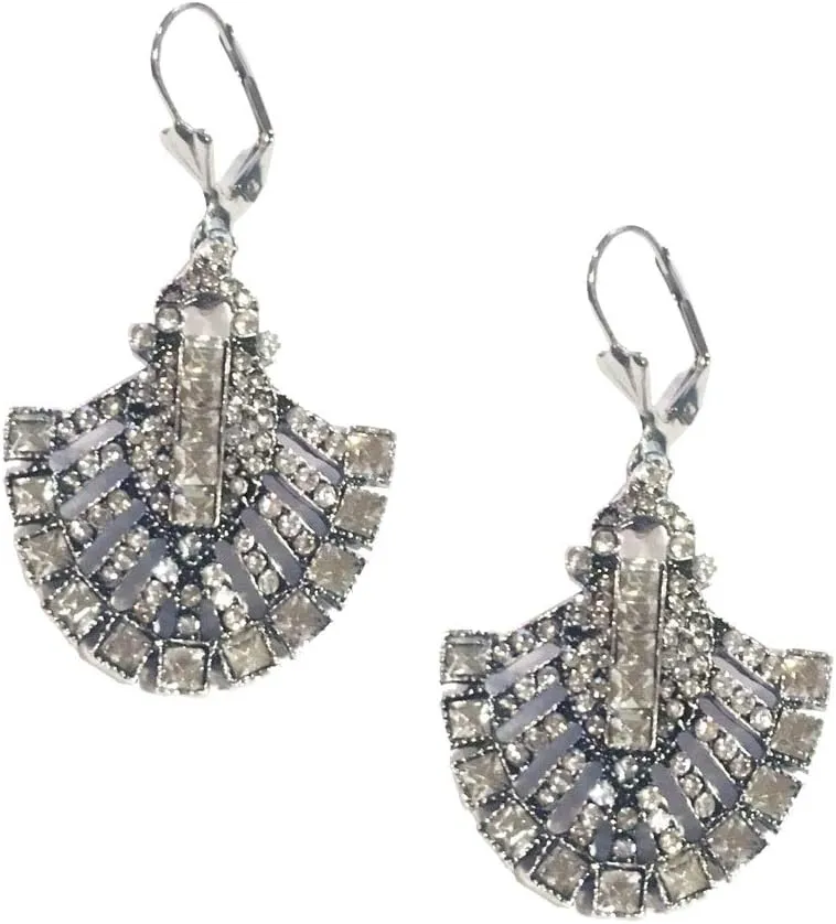 Silver Tone Art Deco Antique Vintage Retro Style Imitation Diamond Rhinestone Dangle Earrings
