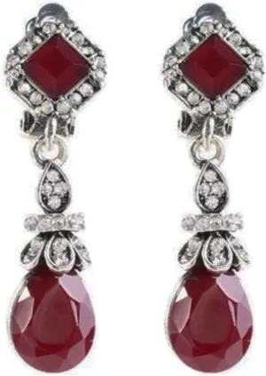 Silver Tone Art Deco Antique Vintage Style Ruby Burgundy Red Garnet Rhinestone Dangle Clip-On Earrings