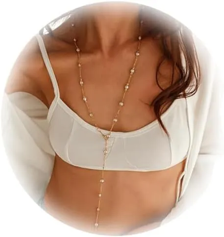 Silver/Gold Pearl Long Chest Body Chain Necklace Sexy Bikini Simple Crystal Bead Clavicle Necklace Summer Beach Pearl Bra Body Chain Jewelry for Women