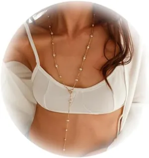 Silver/Gold Pearl Long Chest Body Chain Necklace Sexy Bikini Simple Crystal Bead Clavicle Necklace Summer Beach Pearl Bra Body Chain Jewelry for Women