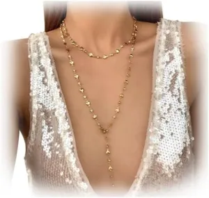 Silver/Gold Rhinestone Long Chest Chain Necklace Sexy Bikini Simple Heart Tassel Clavicle Necklace Summer Multi Layered Bra Body Chain Jewelry for Women