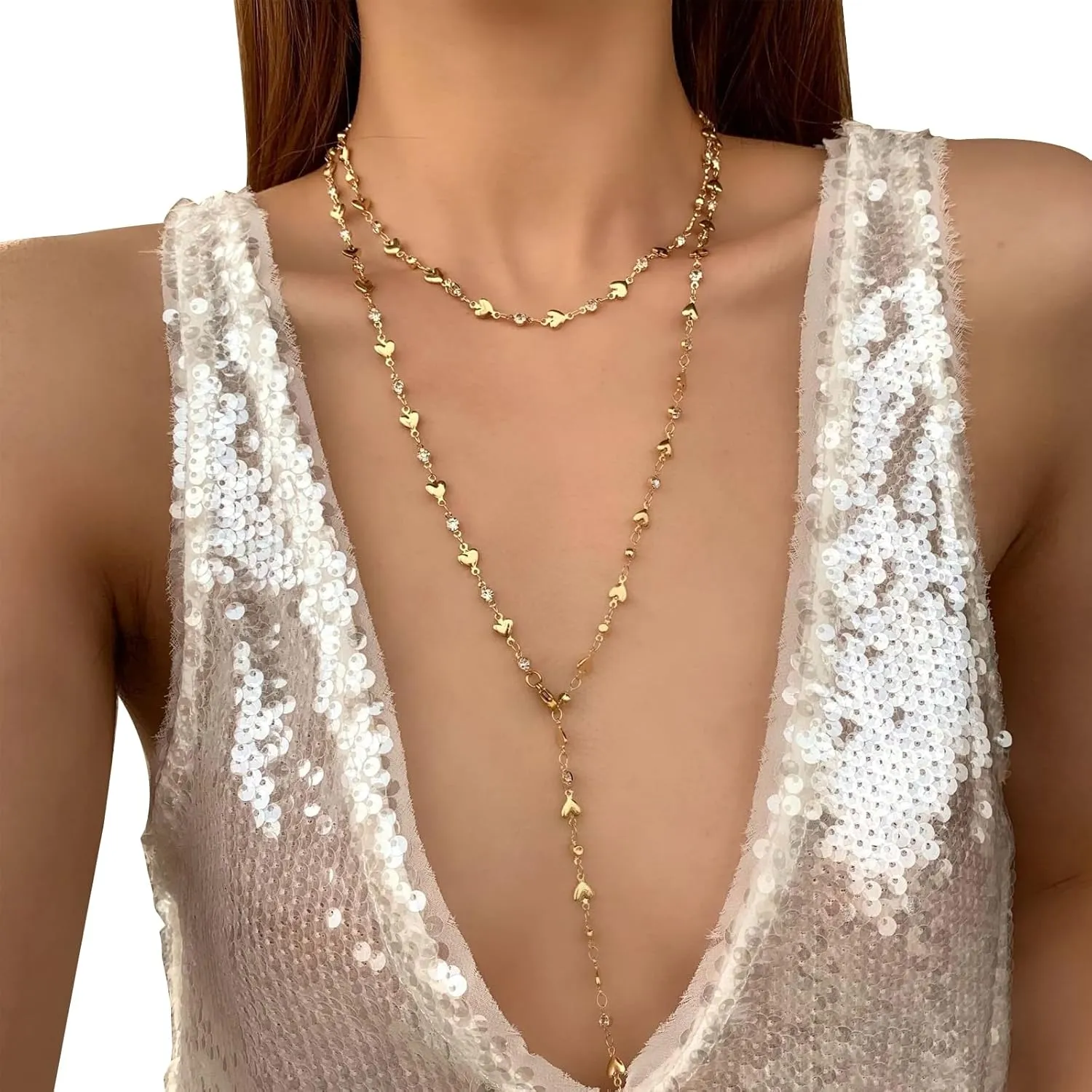 Silver/Gold Rhinestone Long Chest Chain Necklace Sexy Bikini Simple Heart Tassel Clavicle Necklace Summer Multi Layered Bra Body Chain Jewelry for Women