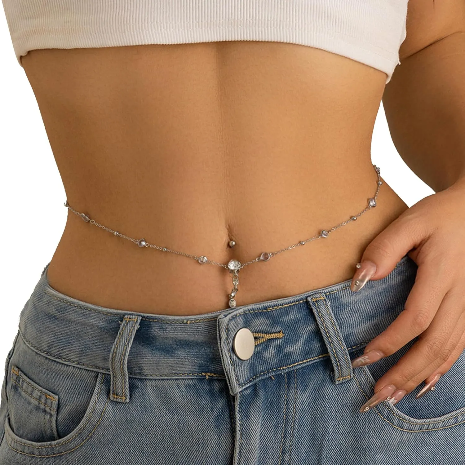 Simple Crystal Waist Chain Bikini Rhinestone Navel Piercing Dangle Belly Button Rings Waist Chain Sexy Summer Crystal Bead Belly Body Chain Jewelry for Women