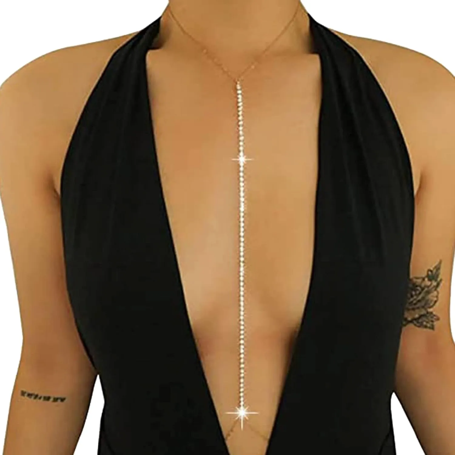 Simple Rhinestone Body Chain Necklace Crystal Choker Bikini Bra Body Chain Jewelry Rhinestone Long Necklace Chain Sexy Waist Belly Chain for Women (Gold)