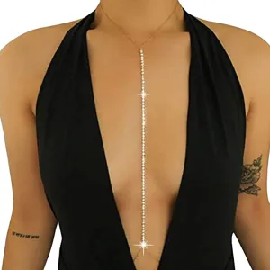 Simple Rhinestone Body Chain Necklace Crystal Choker Bikini Bra Body Chain Jewelry Rhinestone Long Necklace Chain Sexy Waist Belly Chain for Women (Gold)