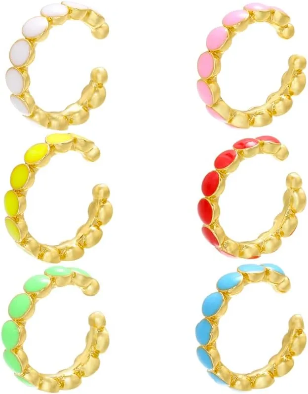 Single Gold Tone Ear Cuff Earring with White Enamel Style Accents, Non-Pierced Clip On for Women