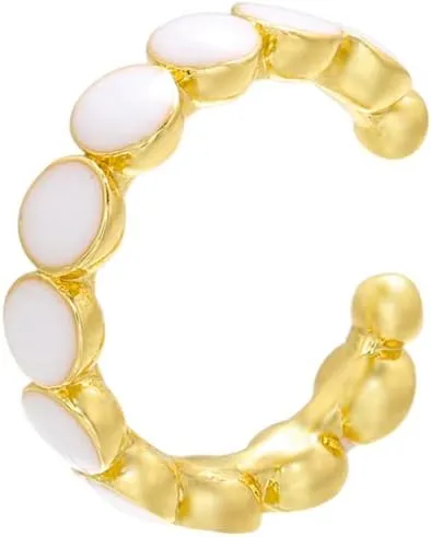 Single Gold Tone Ear Cuff Earring with White Enamel Style Accents, Non-Pierced Clip On for Women