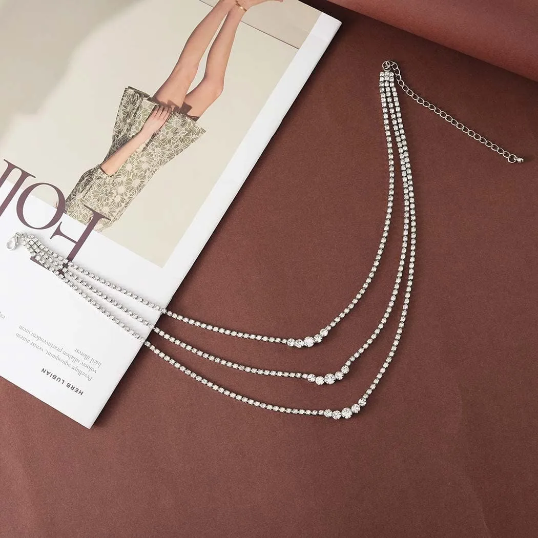 Sixexey Layered Rhinestone Necklaces Silver Crystal Necklace Chains Sparkly Party Necklace Jewelry for Women