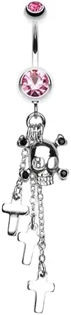 Skull Crossbones and Cross Gem Cubic Zirconia Navel Dangle Belly Button Ring