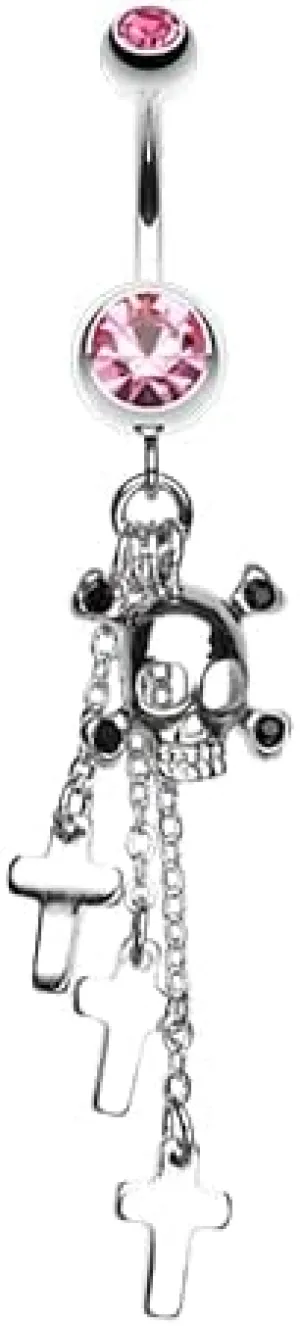 Skull Crossbones and Cross Gem Cubic Zirconia Navel Dangle Belly Button Ring