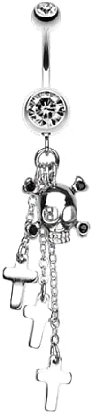 Skull Crossbones and Cross Gem Cubic Zirconia Navel Dangle Belly Button Ring