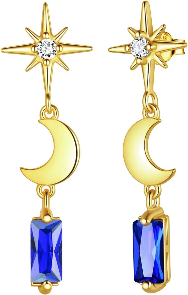 Small Dainty Drop Earrings for Women - 925 Sterling Silver Star Moon Rectangular Heart Geometric Crystal Dangle Earrings Elegant Tiny 18K Gold Plated Stud Earrings Wedding Birthday Everyday Wear