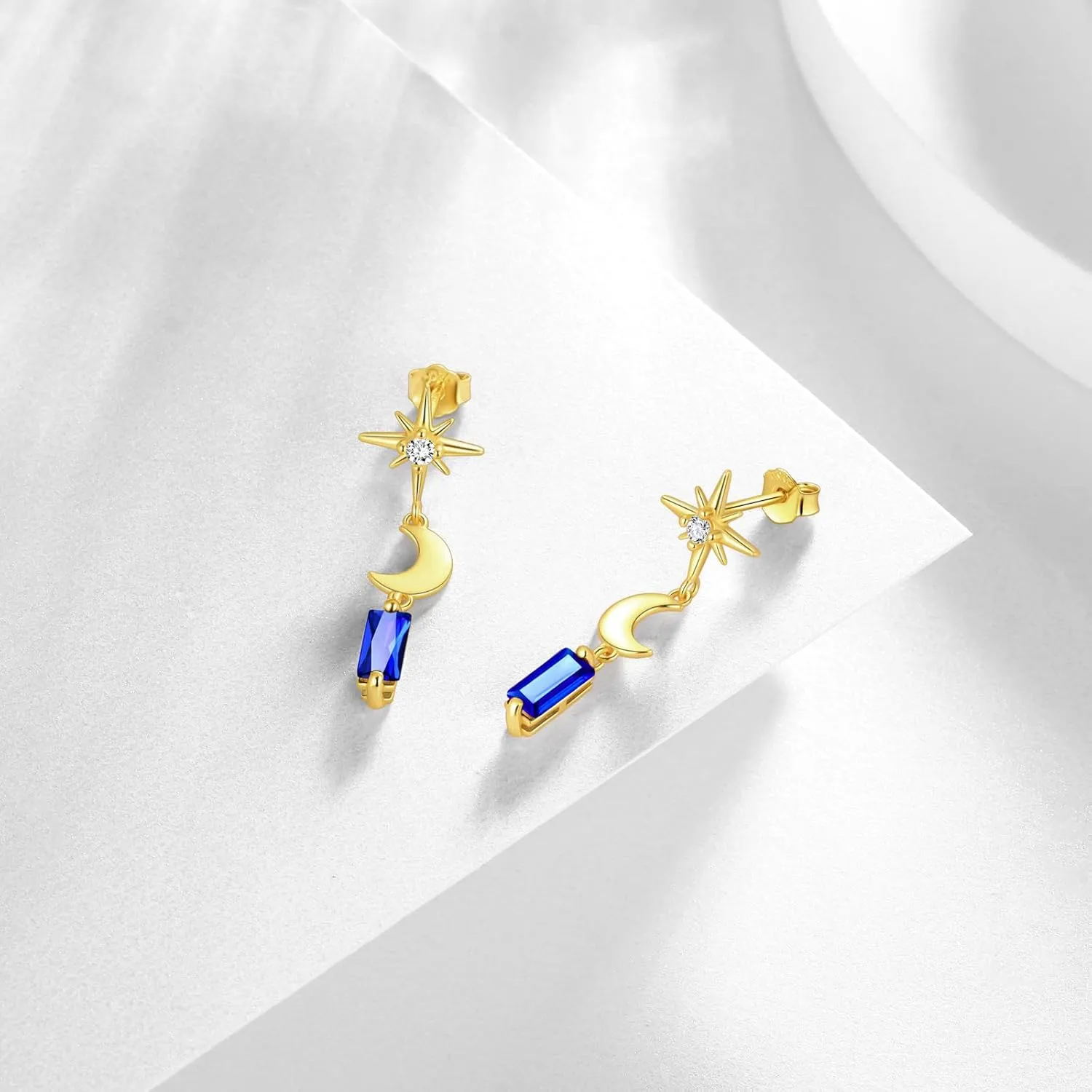 Small Dainty Drop Earrings for Women - 925 Sterling Silver Star Moon Rectangular Heart Geometric Crystal Dangle Earrings Elegant Tiny 18K Gold Plated Stud Earrings Wedding Birthday Everyday Wear