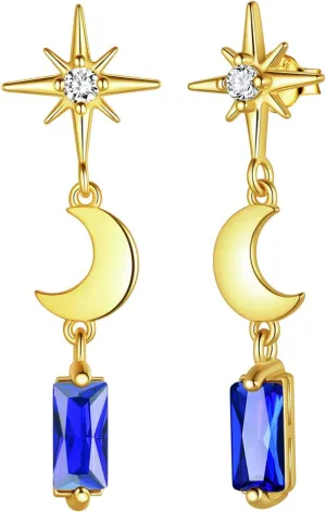 Small Dainty Drop Earrings for Women - 925 Sterling Silver Star Moon Rectangular Heart Geometric Crystal Dangle Earrings Elegant Tiny 18K Gold Plated Stud Earrings Wedding Birthday Everyday Wear