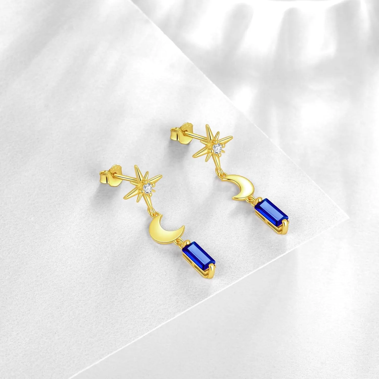 Small Dainty Drop Earrings for Women - 925 Sterling Silver Star Moon Rectangular Heart Geometric Crystal Dangle Earrings Elegant Tiny 18K Gold Plated Stud Earrings Wedding Birthday Everyday Wear
