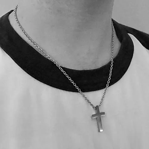 Small Mens Simple Stainless Steel Silver Cross Pendant Necklace Religious Pendant