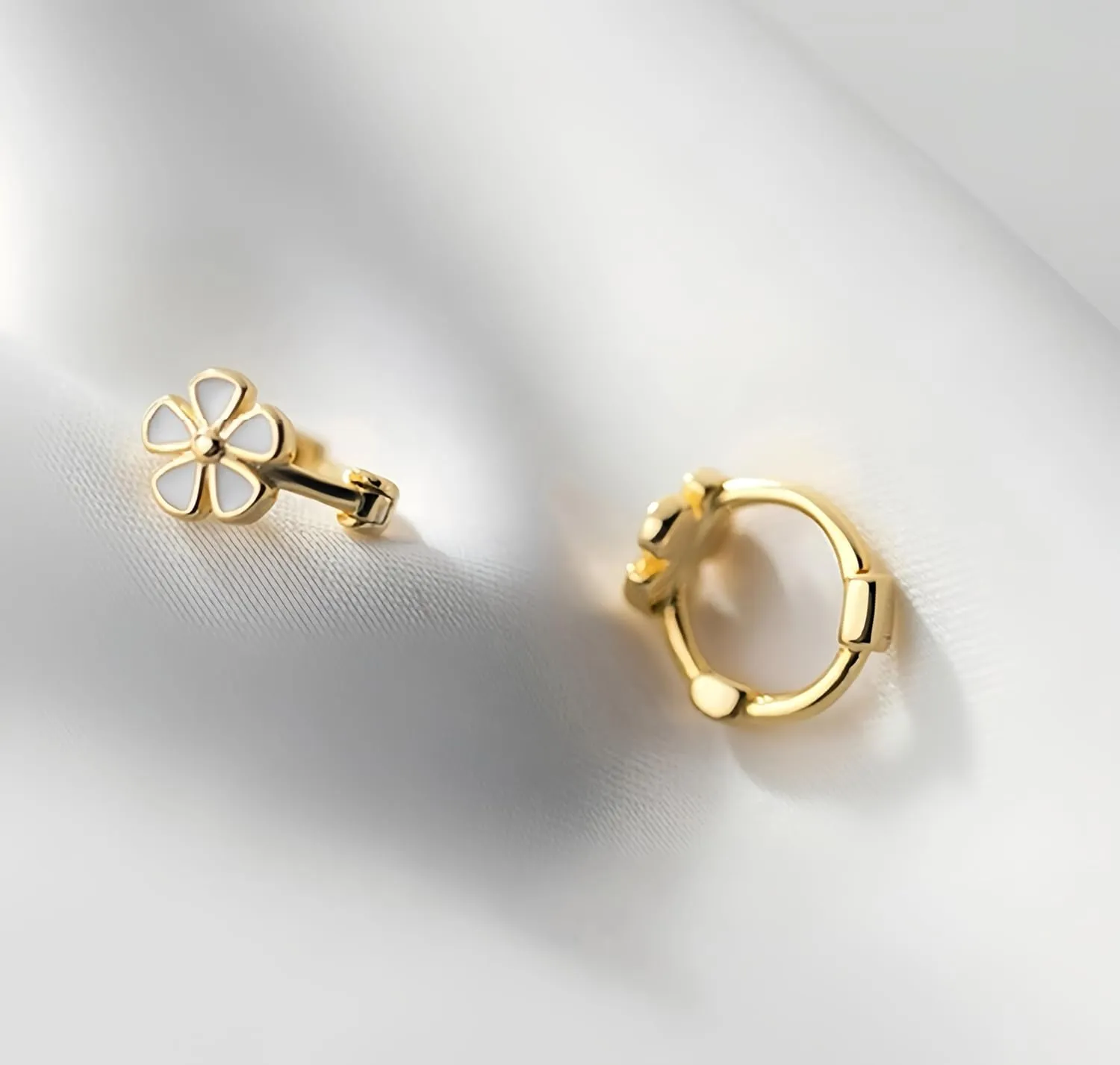 Solid Silver Huggie Earrings; S925 Hoop Earrings; Small Flower Huggie Earrings; 14K Gold Plated on S925; hypoallergic Earrings;