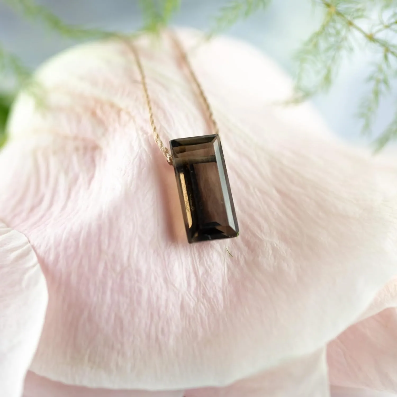SoulKu Smoky Quartz Refined Necklace for Release, Handmade Baguette Gemstone Necklace, Inspirational Gift For Women, Nylon Cord & Sterling Silver Clasp & Extender