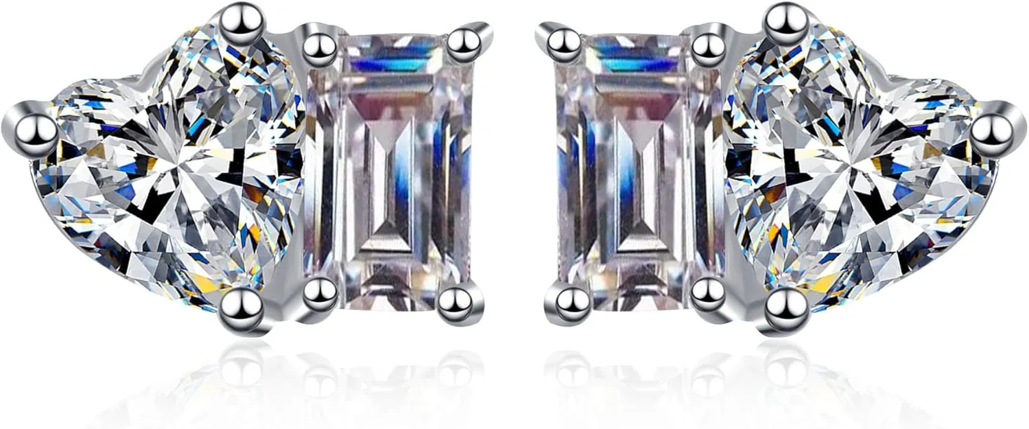Sparkle&Refined Moissanite toi et moi Heart And Princess Stud Earrings 2ct D-E Color 925 Sterling Silver White Gold Plated Stud Earring
